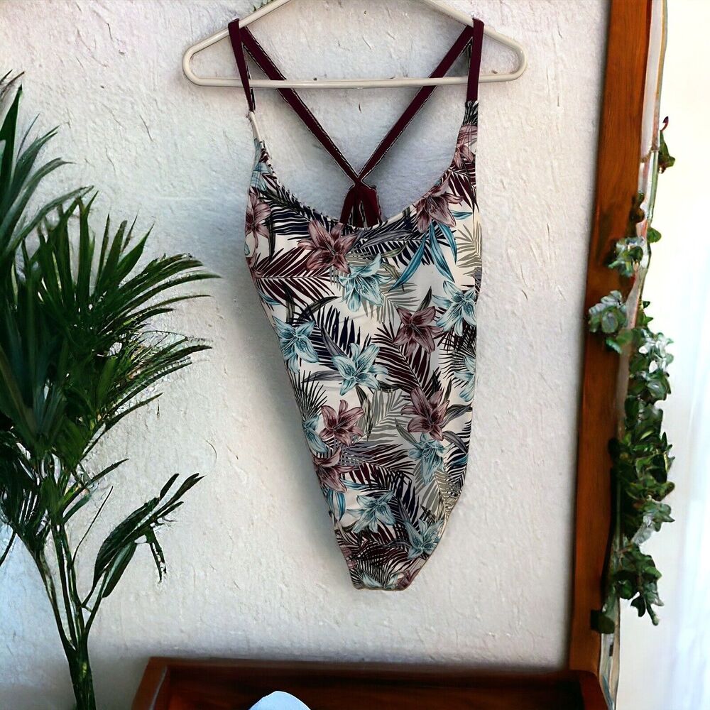 NWT Hurley Ladies' One-Piece Swimsuit, Blue burgandy Palm flower Print SIZE XXL